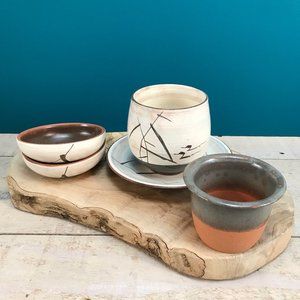 JAPANESE Pottery Stoneware Tea Set Of 5 Zen Bamboo Glazed Signed